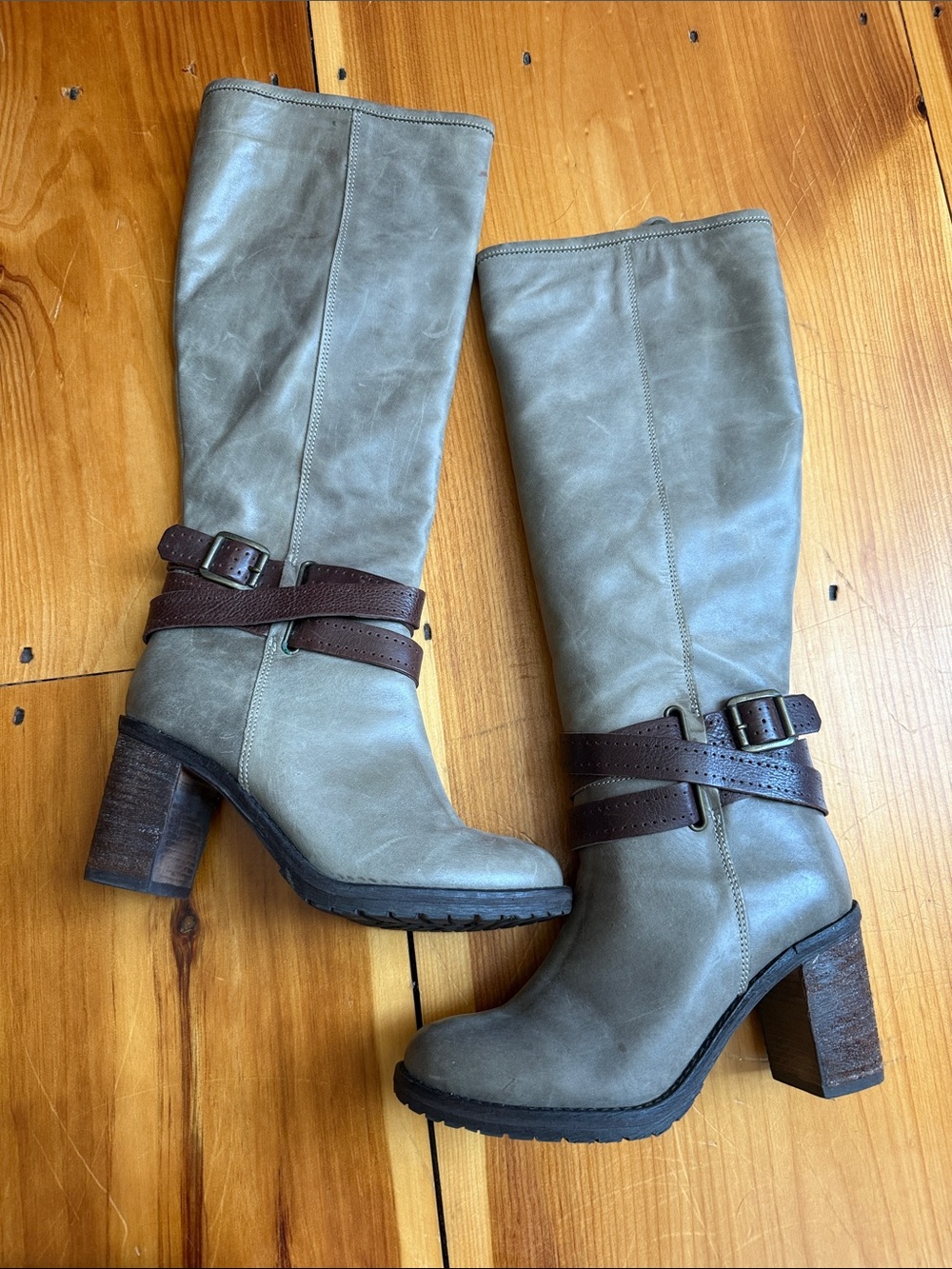 Women's Taupe Leather Mid-Calf Boots with Brown Strap